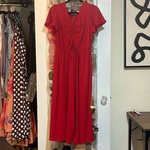 LEITH Red Jumpsuit Short Sleeve Cutout Cinch Front Wide Flowy Leg Size M